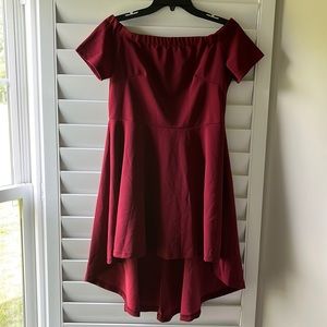 Plum off the shoulder, hi-low midi dress